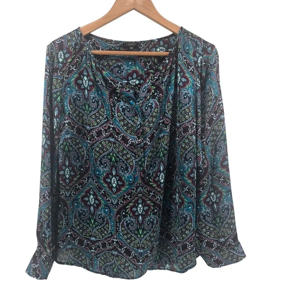 Talbots Blouse Womens 1XP Black Teal Paisley Split Neck Long Sleeve Top